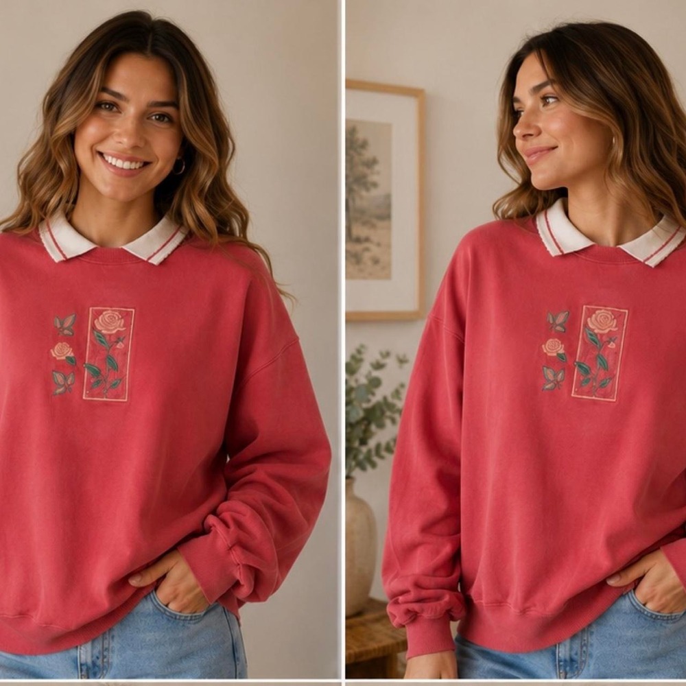 Grannycore Pink Rose Collared Sweatshirt